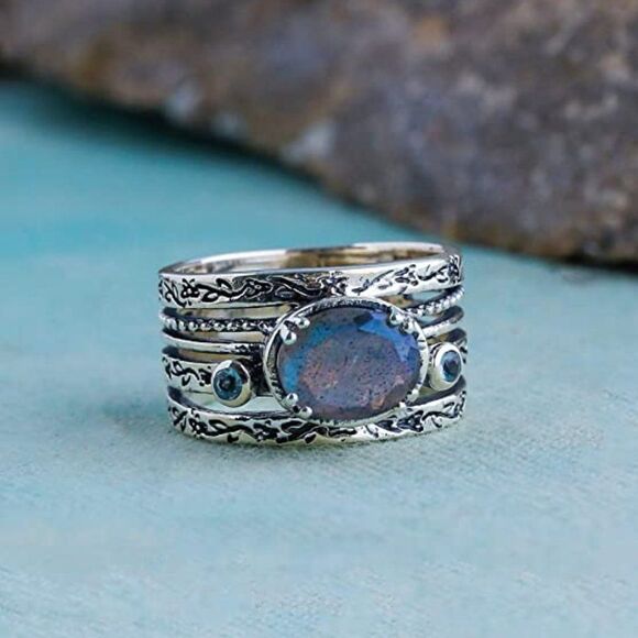 Vintage Natural Labradorite Swiss Blue Topaz 925 Sterling Silver Ring - Picture 8 of 9